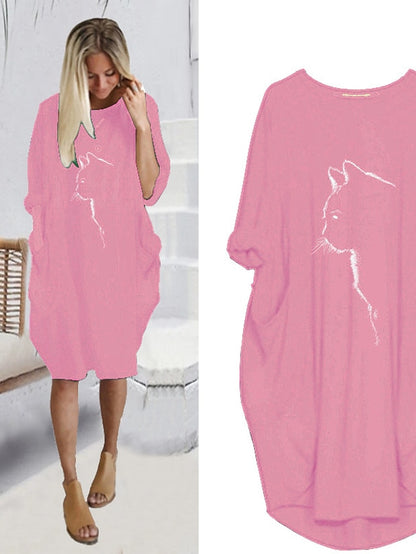 Women's Dress - T Shirt Dress Tee Dress Midi Dress Black Yellow Fuchsia Long Sleeve Print Print Summer Spring Crew Neck Casual Winter Dress Fall Dress Loose Fit 2023 S M L XL XXL 3XL 4XL 5XL