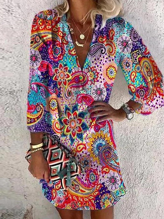 Women's Dress - Casual Dress Ethnic Dress Mini Dress Red 3/4 Length Sleeve Floral Print Summer Spring Fall V Neck Casual Weekend 2023 S M L XL XXL 3XL