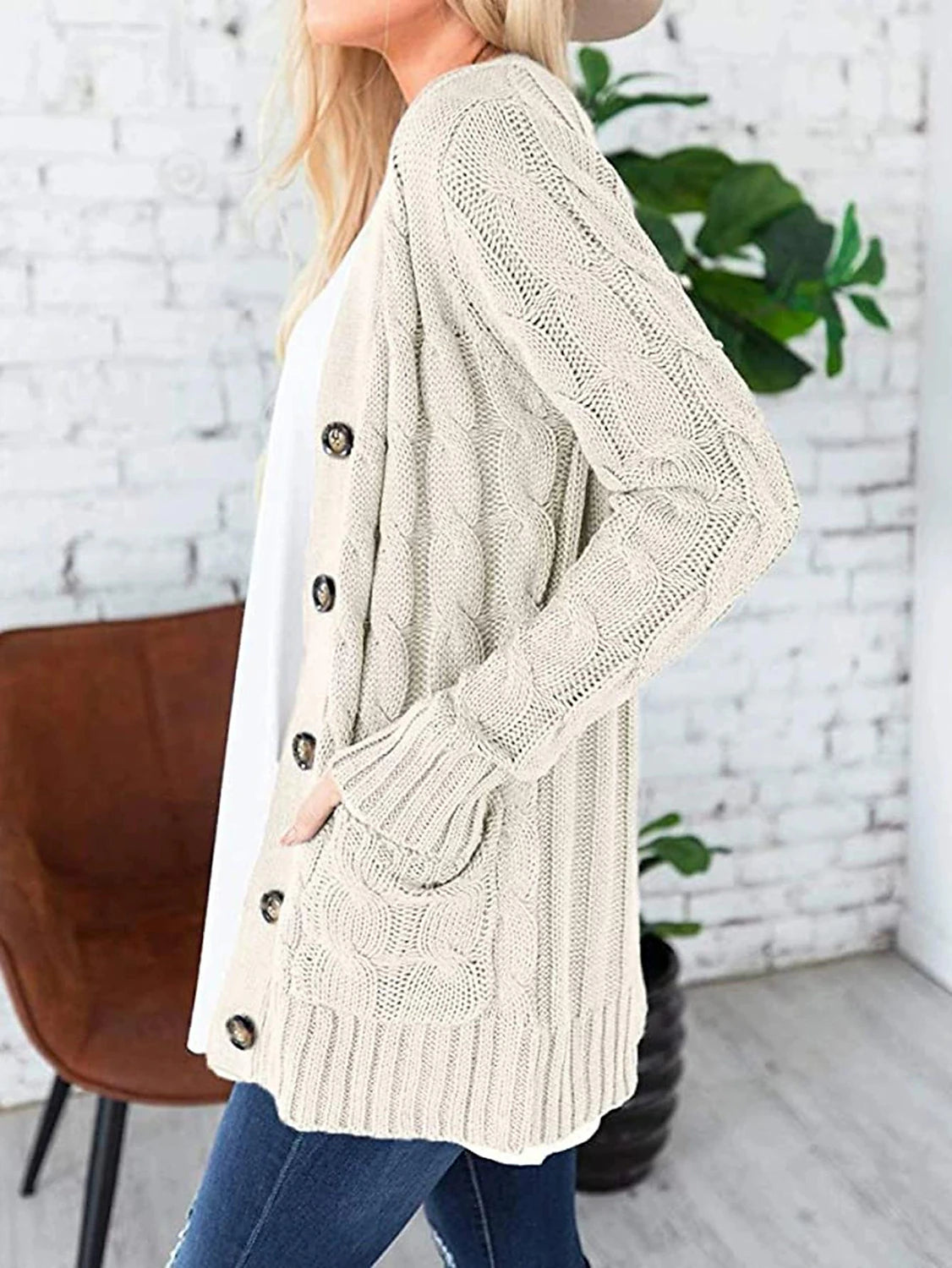 Spring Outfits - Women's Sweater Cardigans & T-Shirt & Bag Set Cable-Knit Buttoned Cardigan with Pockets and Blouse T shirt Tee Basic