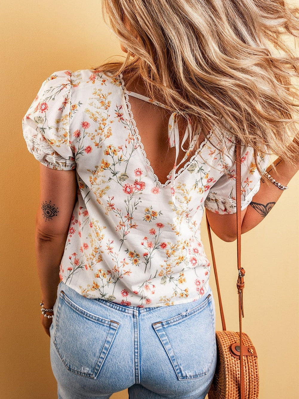 Bohemian Beige Floral Lace V-Neck Shift Blouse
