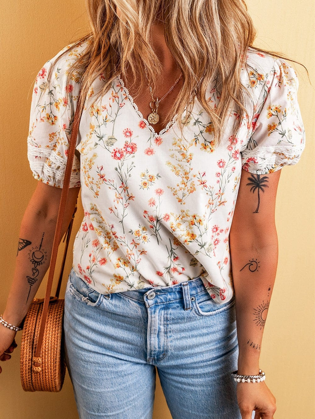 Bohemian Beige Floral Lace V-Neck Shift Blouse