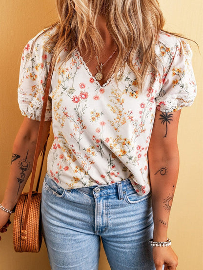 Bohemian Beige Floral Lace V-Neck Shift Blouse