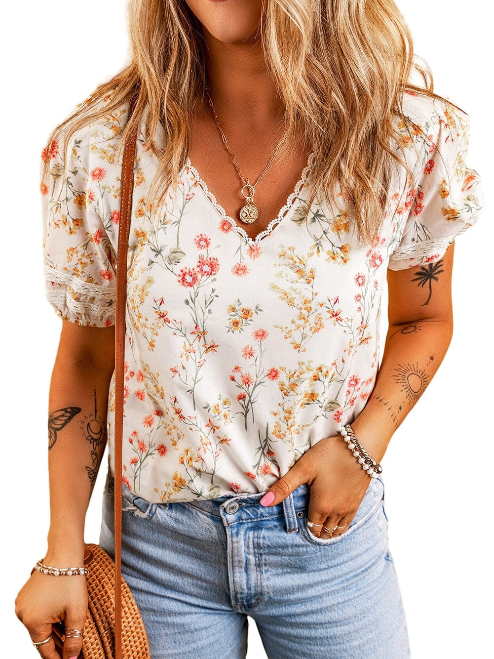 Bohemian Beige Floral Lace V-Neck Shift Blouse