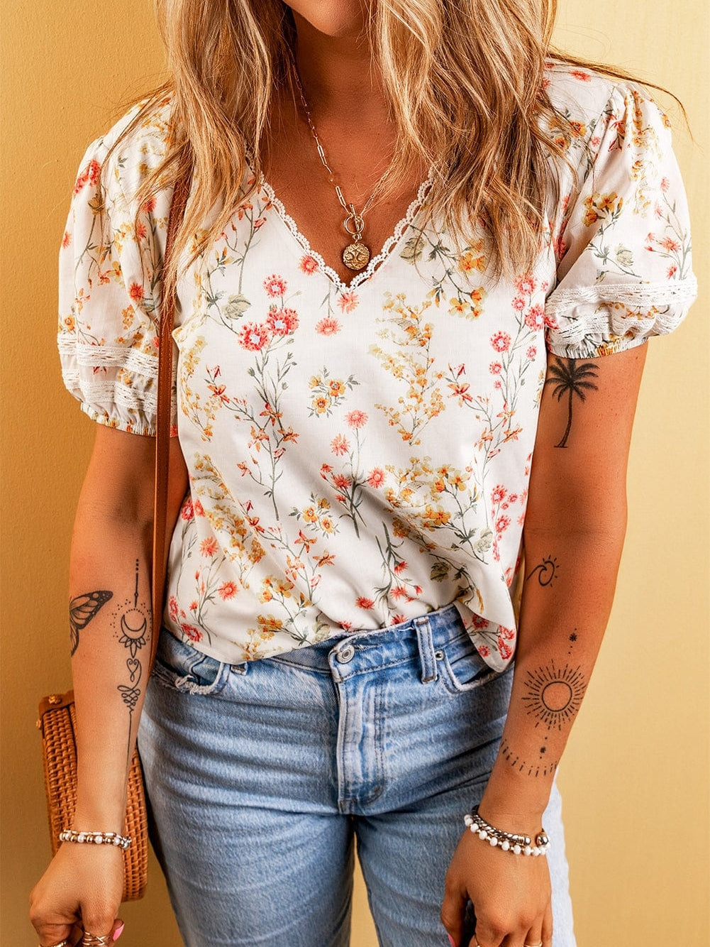 Bohemian Beige Floral Lace V-Neck Shift Blouse