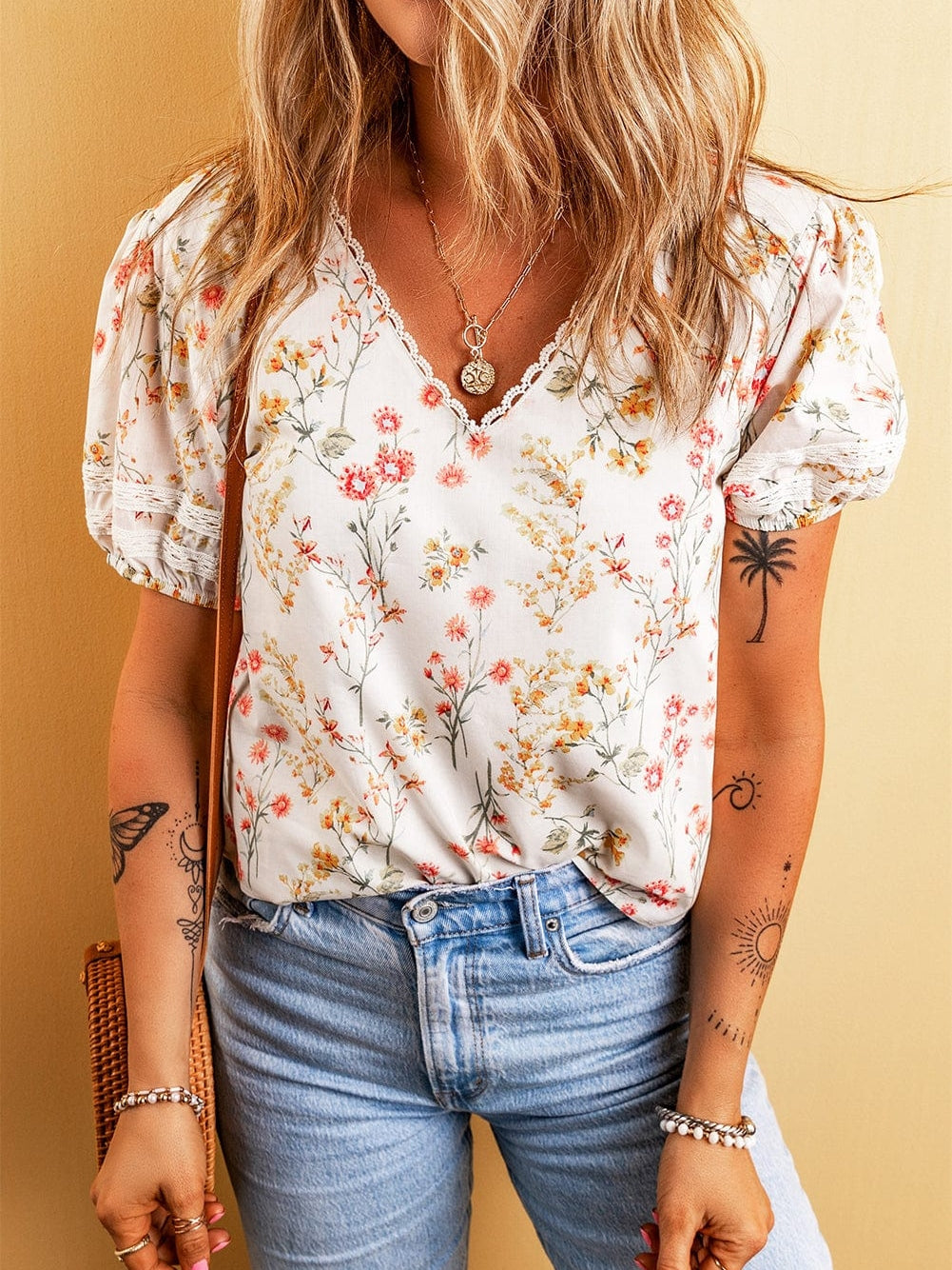 Bohemian Beige Floral Lace V-Neck Shift Blouse