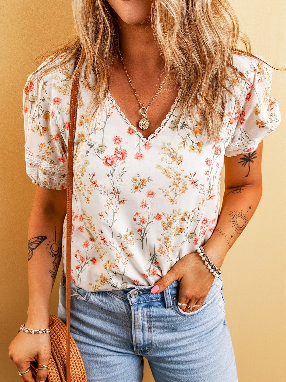 Bohemian Beige Floral Lace V-Neck Shift Blouse