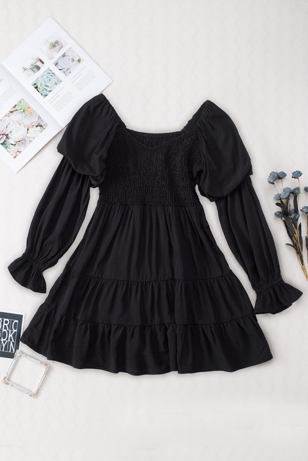 Bohemian Black Ruffled Mini Dress with Smocked Details
