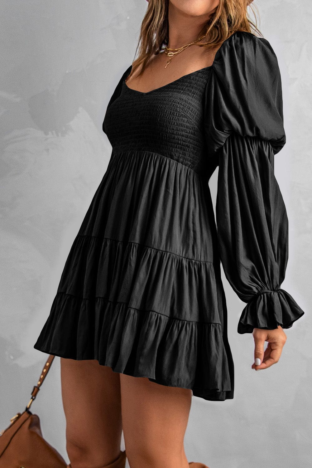 Bohemian Black Ruffled Mini Dress with Smocked Details