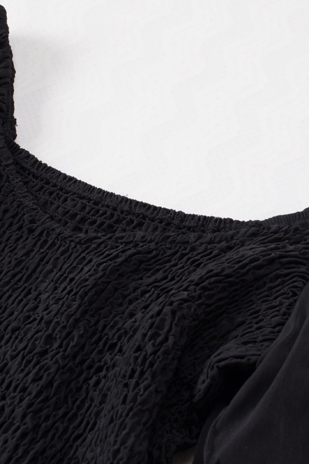 Bohemian Black Ruffled Mini Dress with Smocked Details