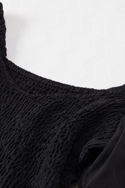 Bohemian Black Ruffled Mini Dress with Smocked Details