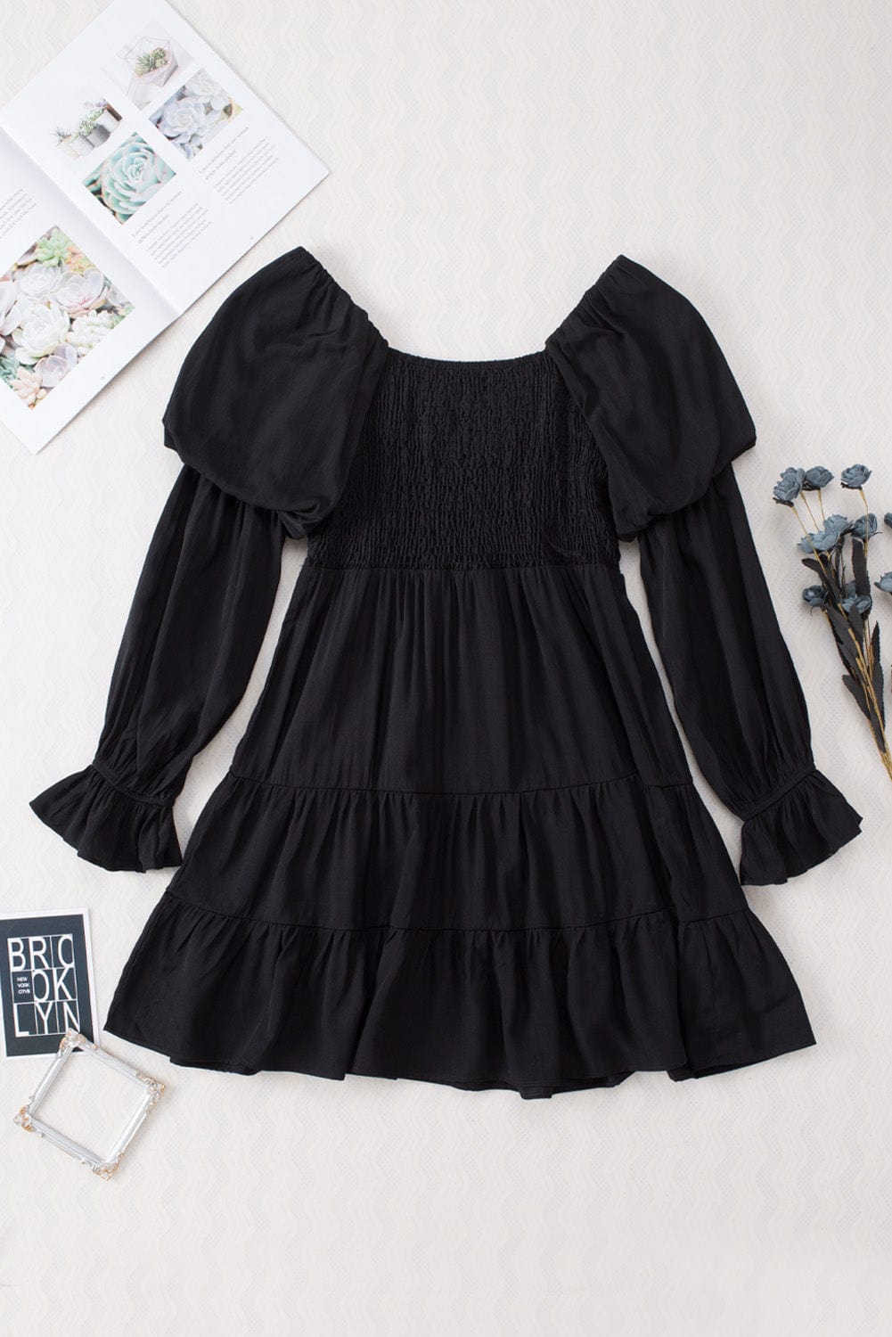 Bohemian Black Ruffled Mini Dress with Smocked Details