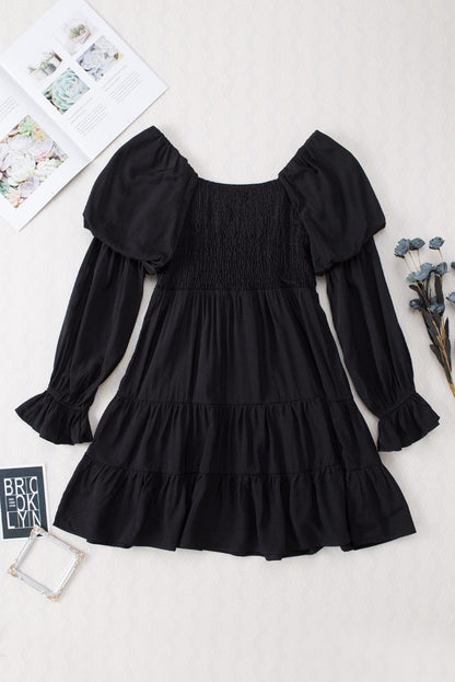 Bohemian Black Ruffled Mini Dress with Smocked Details