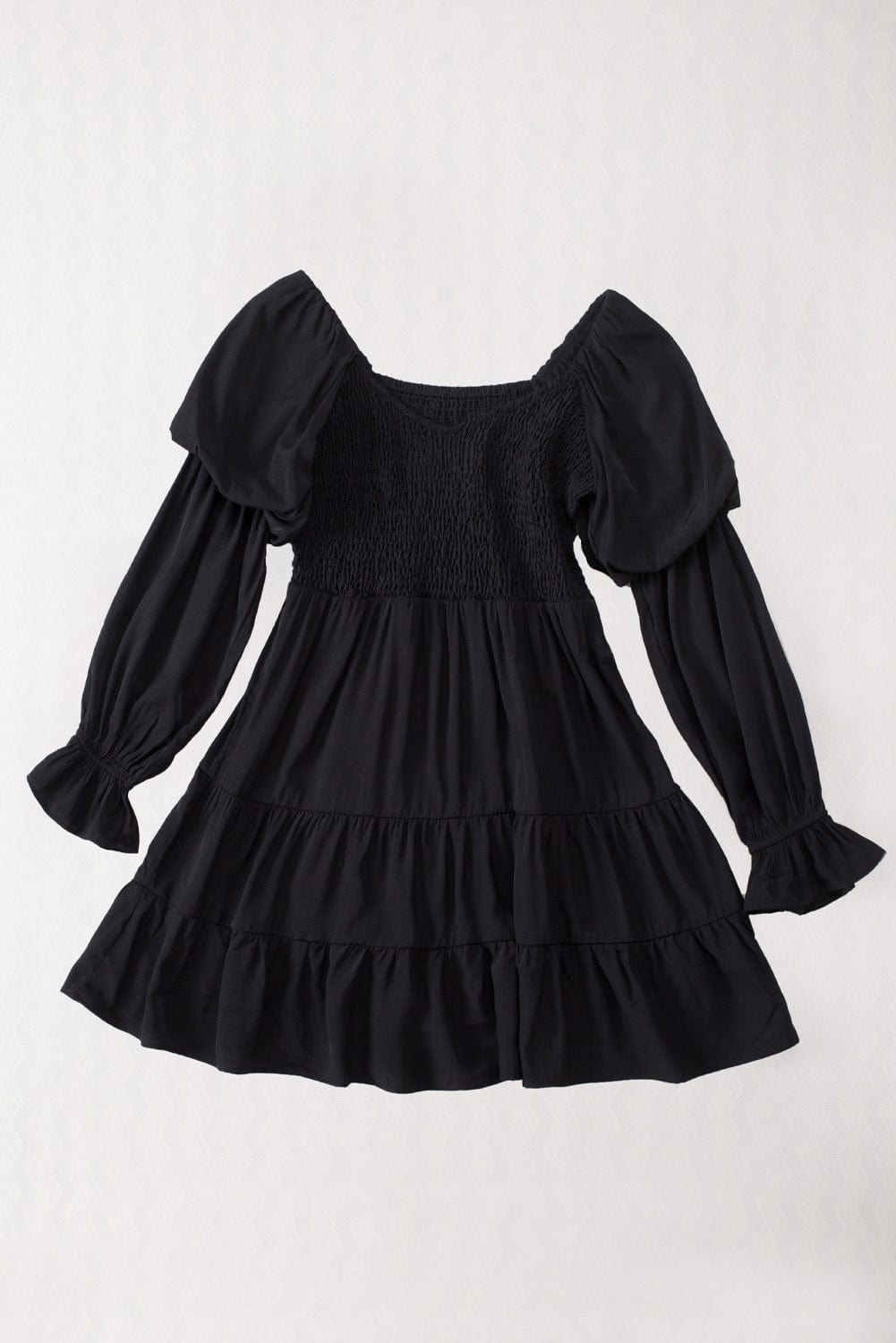 Bohemian Black Ruffled Mini Dress with Smocked Details