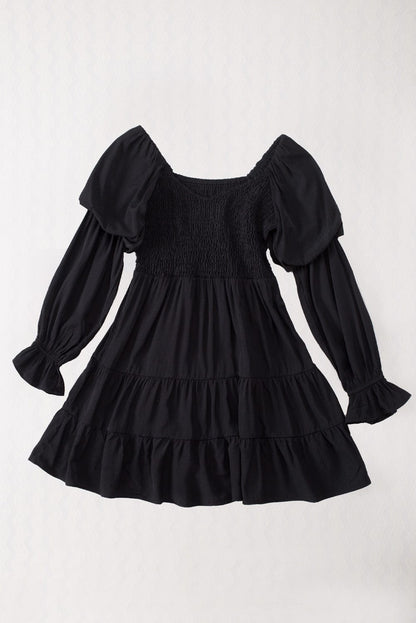 Bohemian Black Ruffled Mini Dress with Smocked Details