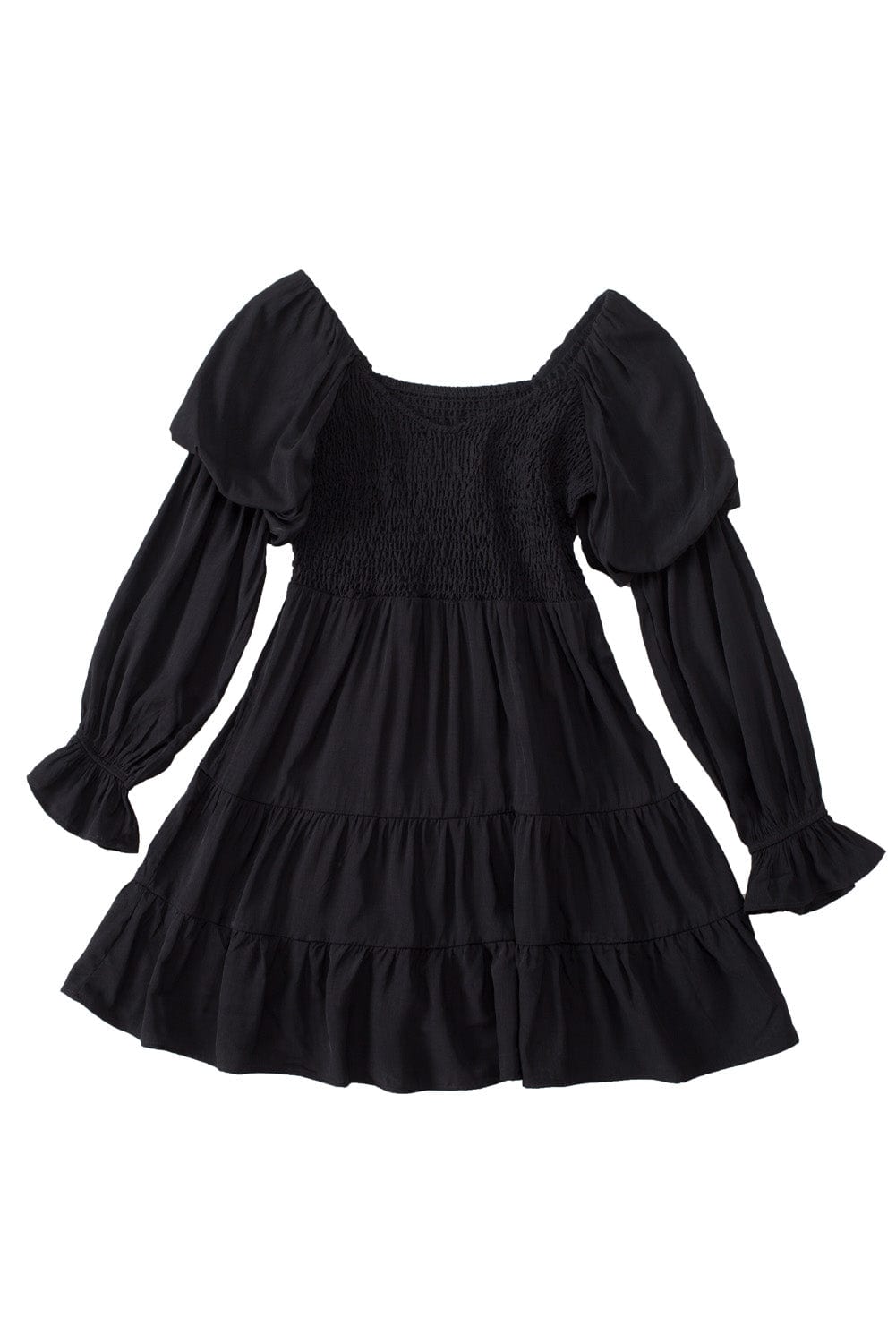 Bohemian Black Ruffled Mini Dress with Smocked Details