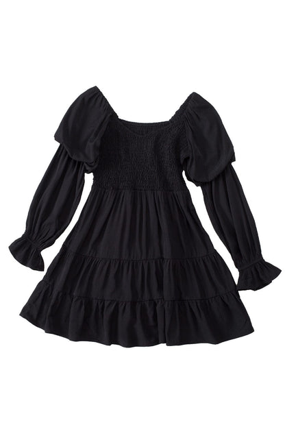 Bohemian Black Ruffled Mini Dress with Smocked Details