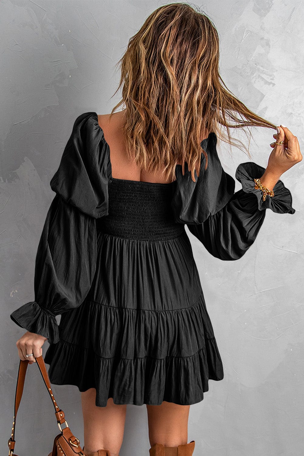 Bohemian Black Ruffled Mini Dress with Smocked Details