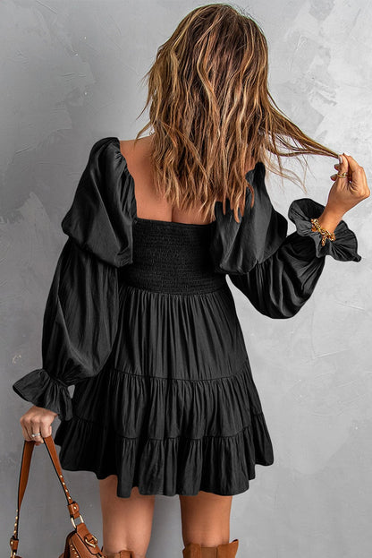 Bohemian Black Ruffled Mini Dress with Smocked Details