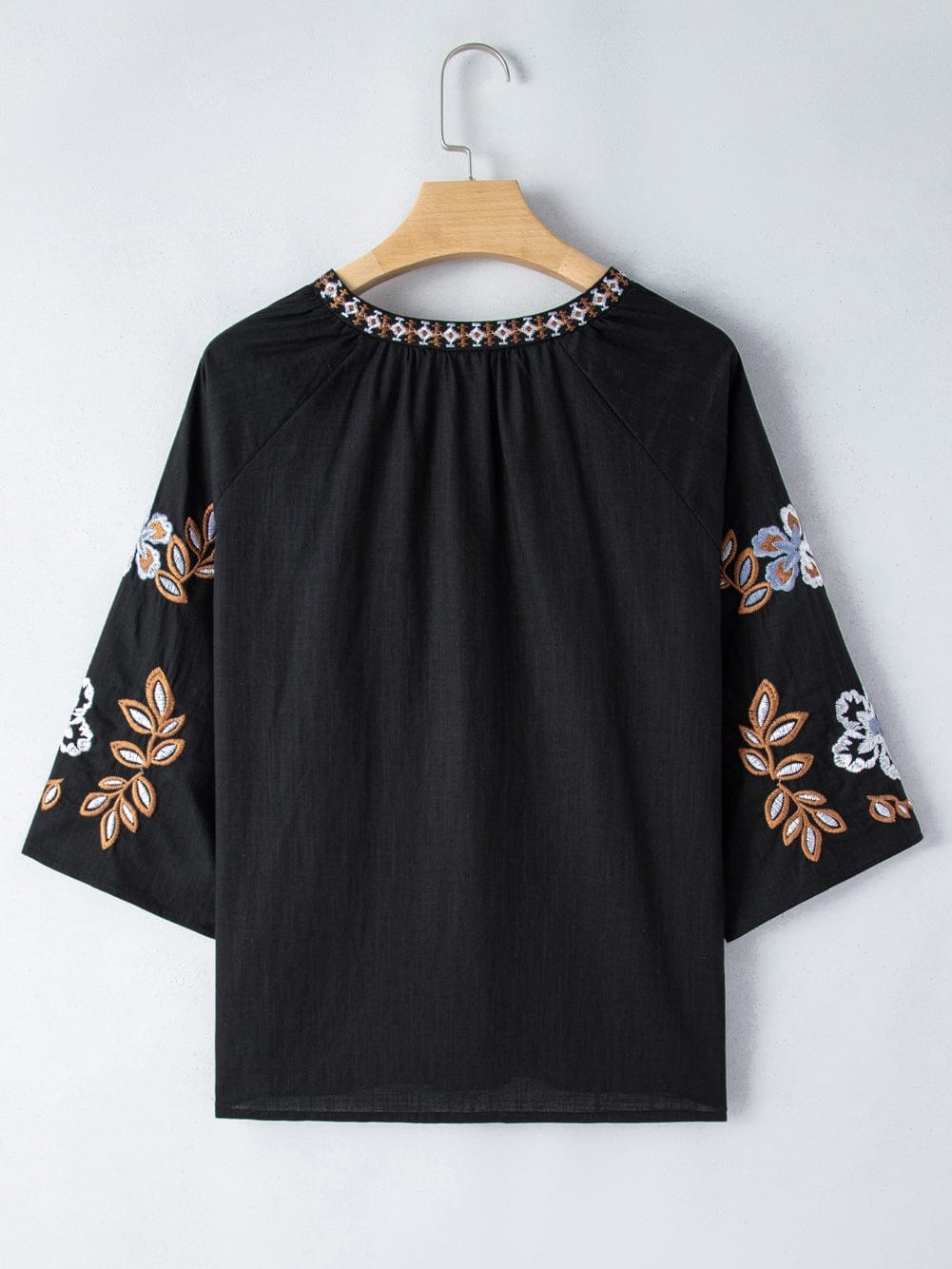 Bohemian Black V Neck Blouse with Floral Embroidery