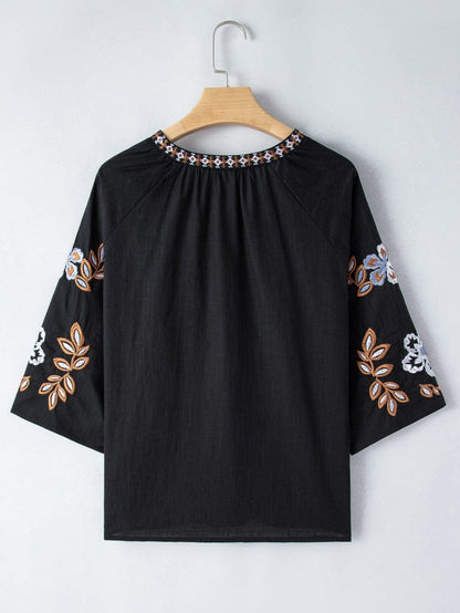 Bohemian Black V Neck Blouse with Floral Embroidery