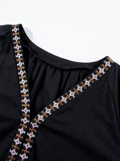 Bohemian Black V Neck Blouse with Floral Embroidery