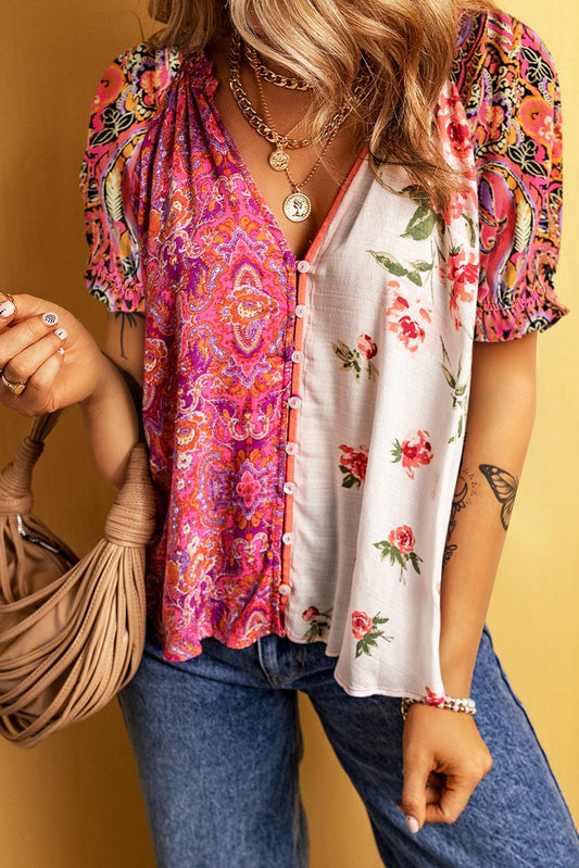 Bohemian Blossom Button-Up V-Neck Blouse