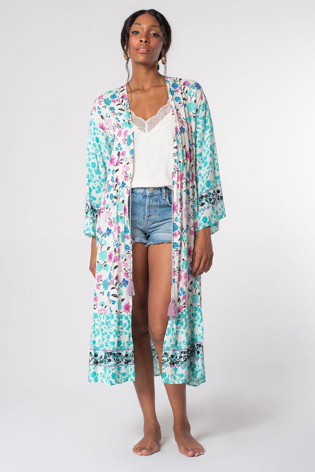 Bohemian Blossom Tassel Tie Longline Kimono