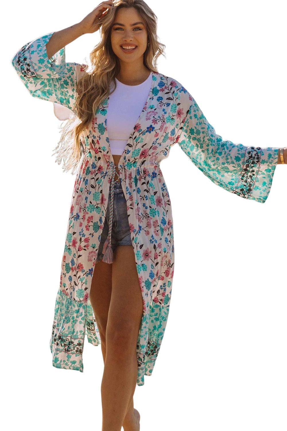 Bohemian Blossom Tassel Tie Longline Kimono
