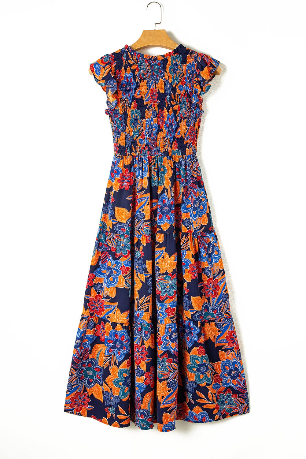 Bohemian Blue Floral V Neck Ruffle Tiered Maxi Dress