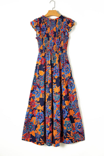 Bohemian Blue Floral V Neck Ruffle Tiered Maxi Dress