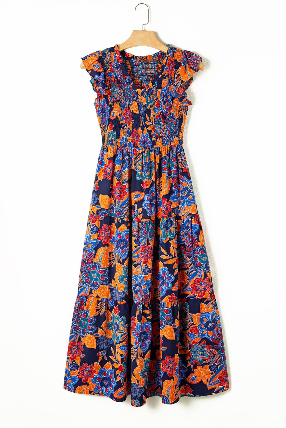 Bohemian Blue Floral V Neck Ruffle Tiered Maxi Dress
