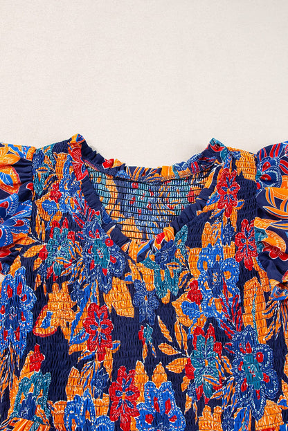 Bohemian Blue Floral V Neck Ruffle Tiered Maxi Dress