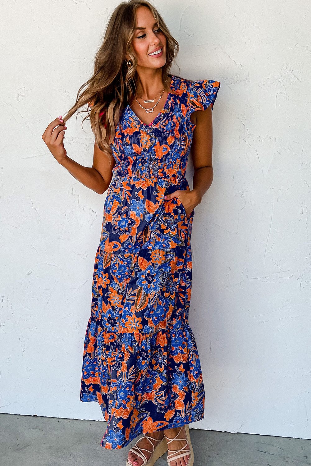Bohemian Blue Floral V Neck Ruffle Tiered Maxi Dress