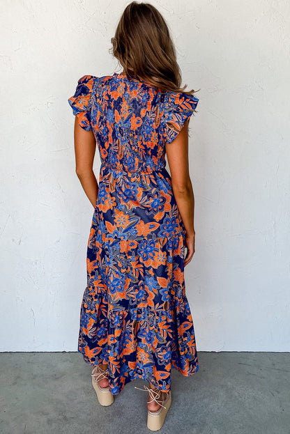 Bohemian Blue Floral V Neck Ruffle Tiered Maxi Dress