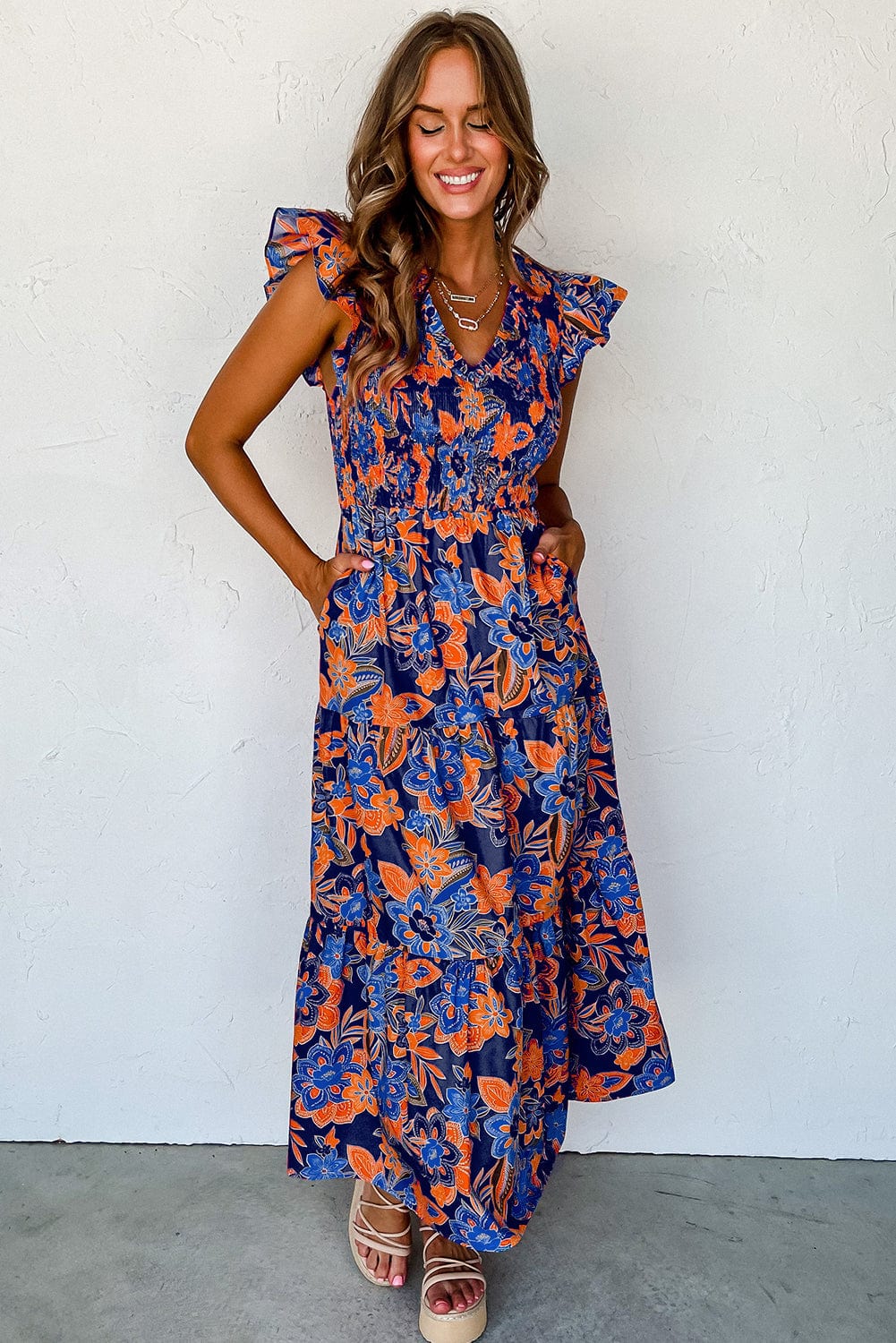 Bohemian Blue Floral V Neck Ruffle Tiered Maxi Dress