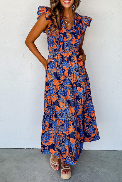 Bohemian Blue Floral V Neck Ruffle Tiered Maxi Dress