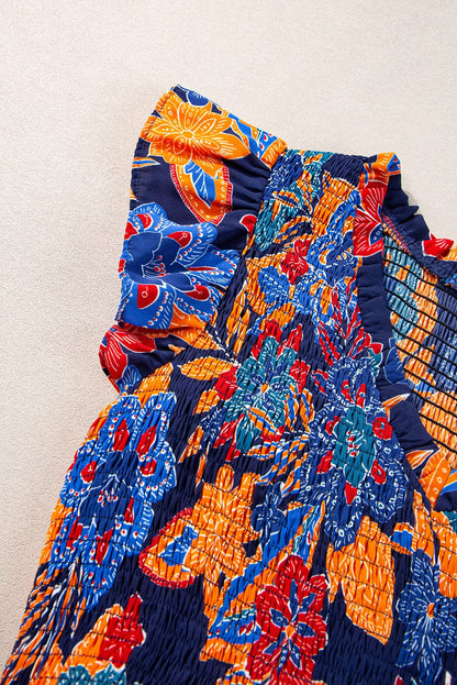 Bohemian Blue Floral V Neck Ruffle Tiered Maxi Dress