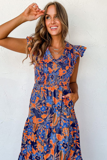 Bohemian Blue Floral V Neck Ruffle Tiered Maxi Dress