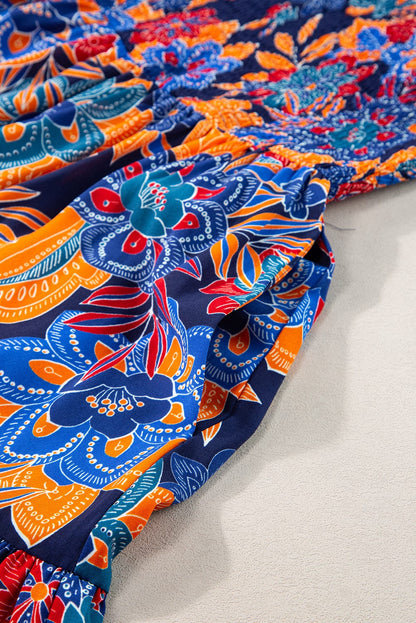 Bohemian Blue Floral V Neck Ruffle Tiered Maxi Dress