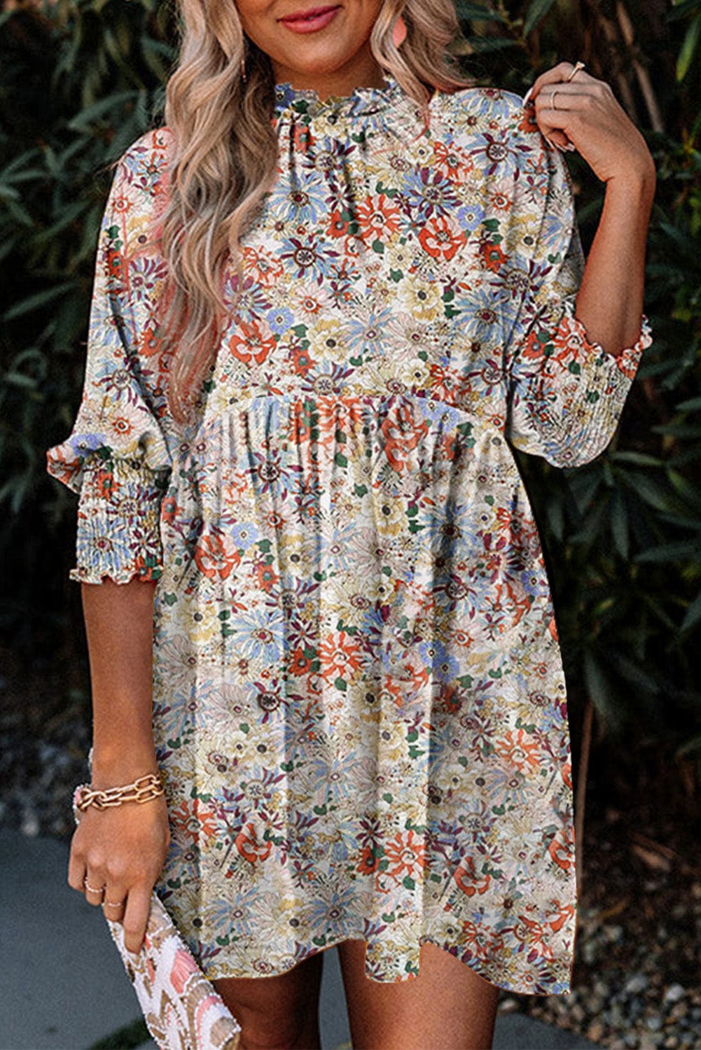 Bohemian Charm Purple Floral Frilled Neck Dress