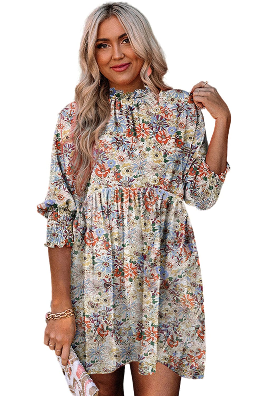 Bohemian Charm Purple Floral Frilled Neck Dress