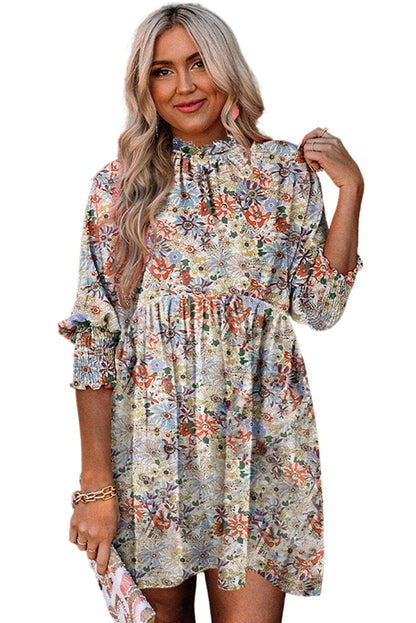 Bohemian Charm Purple Floral Frilled Neck Dress