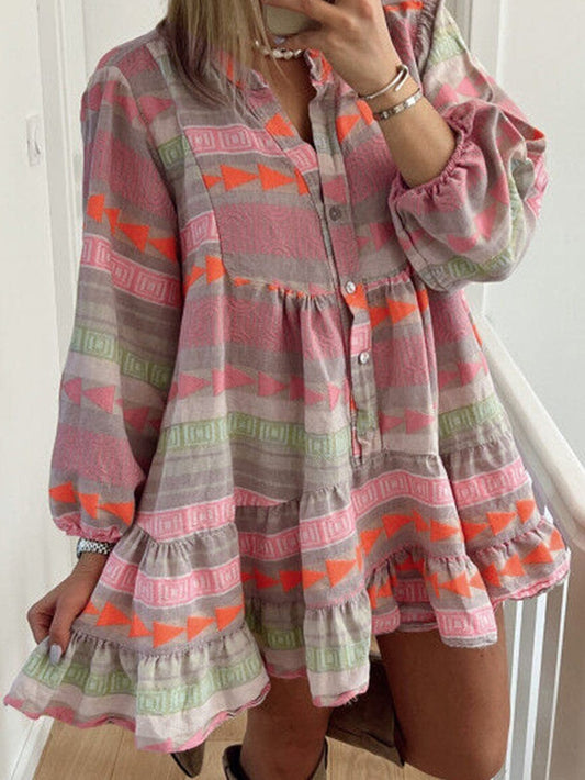 Bohemian Chic Multicolored Puff Sleeve Babydoll Dress