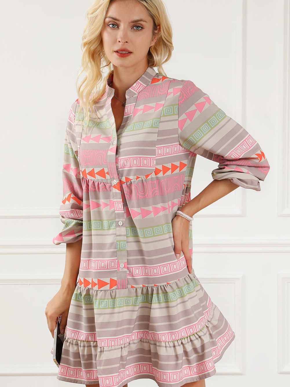 Bohemian Chic Multicolored Puff Sleeve Babydoll Dress