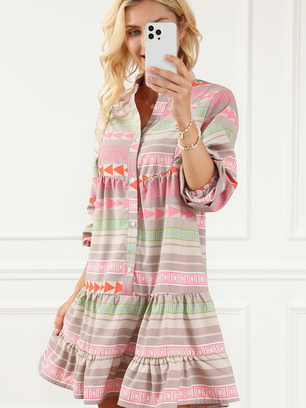 Bohemian Chic Multicolored Puff Sleeve Babydoll Dress