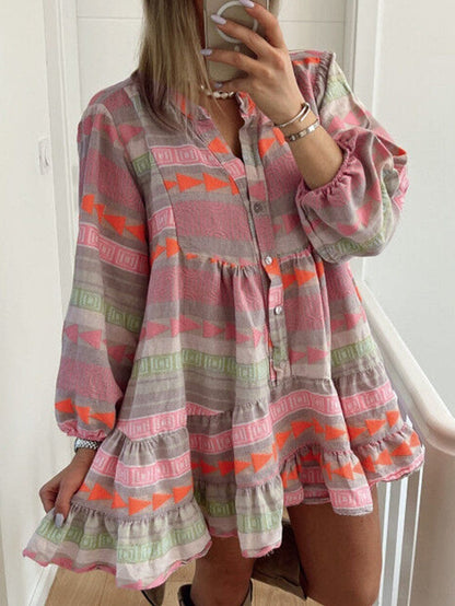 Bohemian Chic Multicolored Puff Sleeve Babydoll Dress