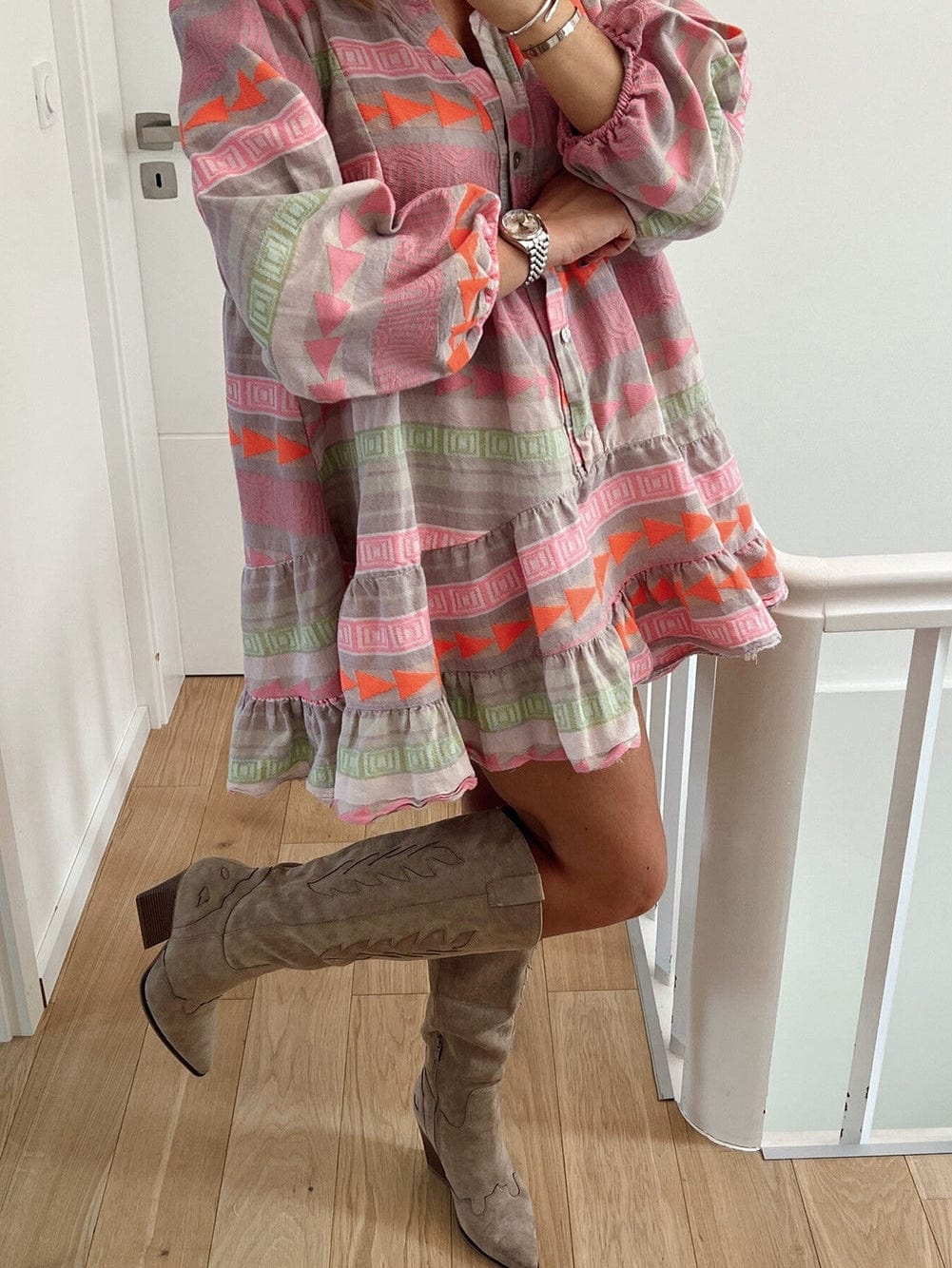 Bohemian Chic Multicolored Puff Sleeve Babydoll Dress