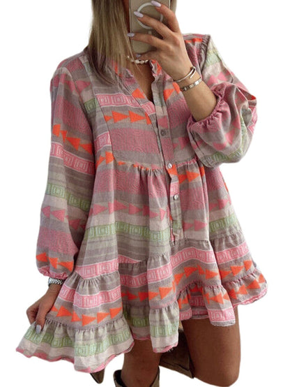 Bohemian Chic Multicolored Puff Sleeve Babydoll Dress