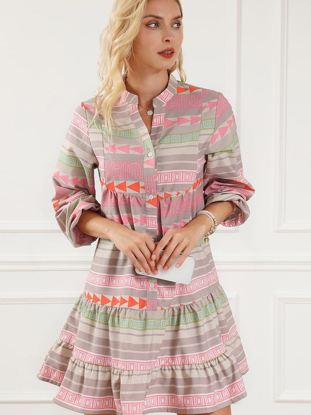Bohemian Chic Multicolored Puff Sleeve Babydoll Dress