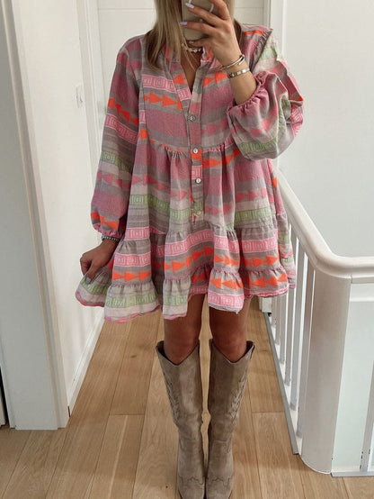 Bohemian Chic Multicolored Puff Sleeve Babydoll Dress